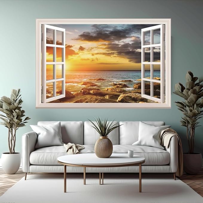 Fake Window Wall Sticker- Sunset Beach Seascape Open Wall Art Decal | Faux Window Ocean Natural Scenery Landscape Mural｜Stick and Peel Wall Decals｜Room Bedroom Office Scene Picture Decor｜24"x16" - Image 6