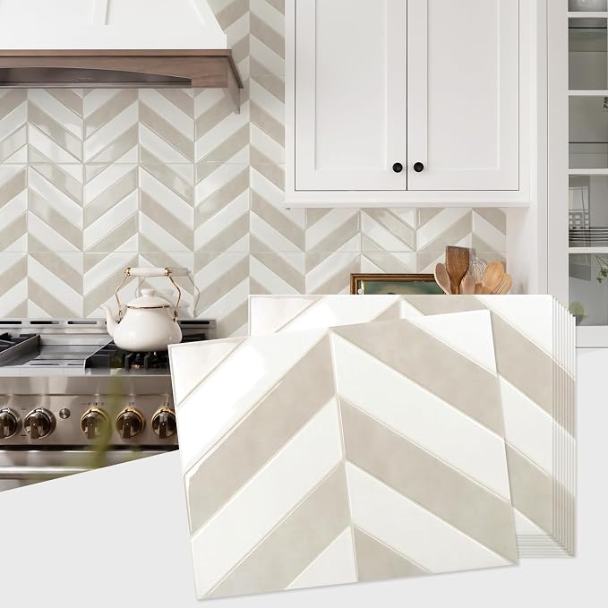 STICKGOO Herringbone Peel and Stick Backsplash, White & Beige, 10 Sheets | 12.6 x 9.7 in, Thicker Rectangular Vinyl Stick-On Wall Tiles, Easy Alignment, Waterproof, Easy to Clean, Kitchen/Bathroom by STICKGOO