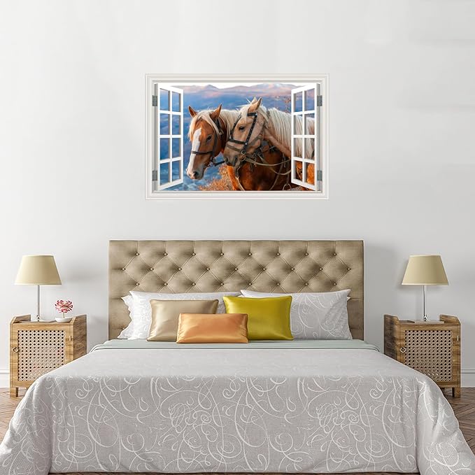 Fake Window Wall Mural -Horse Faux Window Poster Wall Art Decor, Stick and Peel Wallpaper Natural Scenery Decol Horse Ranch Farm Animals Scene （48"x32",Set of 2 Sheets） - Image 8