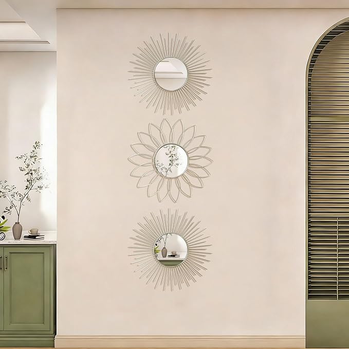 3 Pack Metal Mirrors for Wall Sunburst Wall Mirrors Home Décor Decorative Hanging Wall Art for Living Room Bedroom Entryway (Silver2, Flower+Sunburst) - Image 4