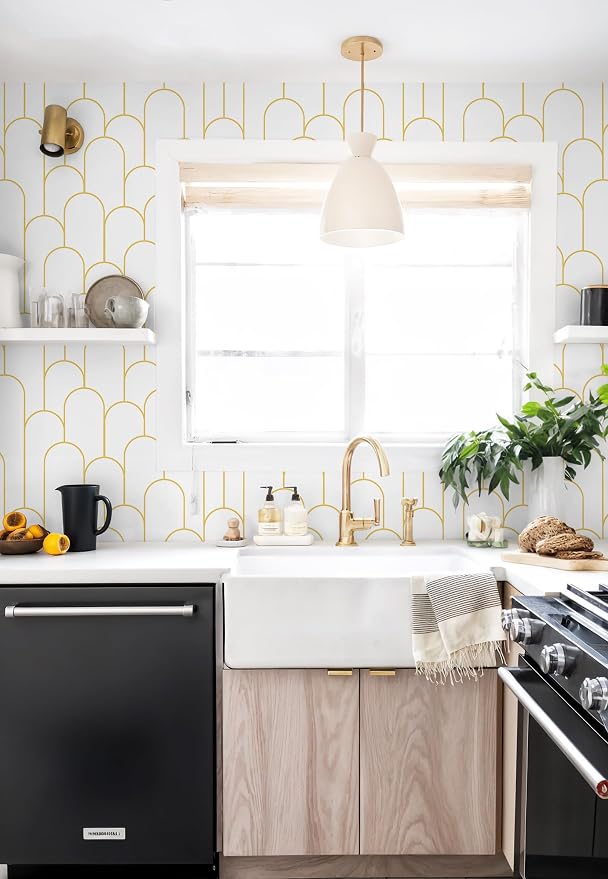 Yasinet Peel and Stick Wallpaper White and Gold Wallpaper Modern Geometric Contact Paper White/Gold Stripe Self Adhesive Wall Paper Decorative for Wall Bedroom 17.3''x393.7'' - Image 5