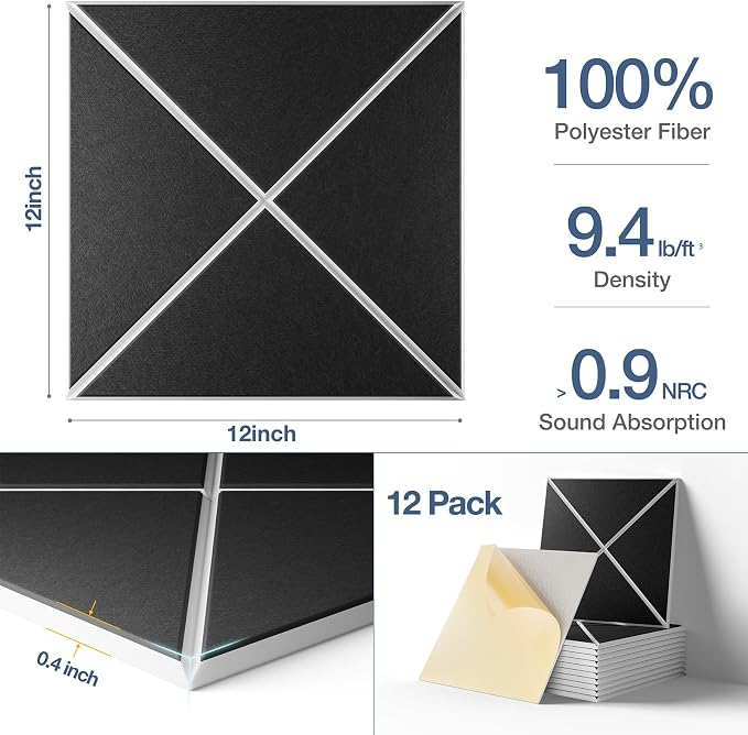 12 Pack Self-Adhesive Acoustic Panels, 12" X 12" X 0.4" X-Line Sound Proof Foam Panels for Walls, Soundproof Wall Panels for Home & Office (Black on White) - Image 3
