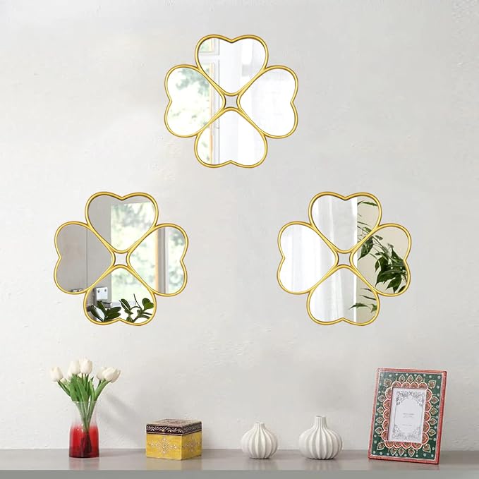 Small Decoritive Heart Wall Mirrors Set of 3, Decorative Four-Leaf Clover Mirror (Gold) - Image 2