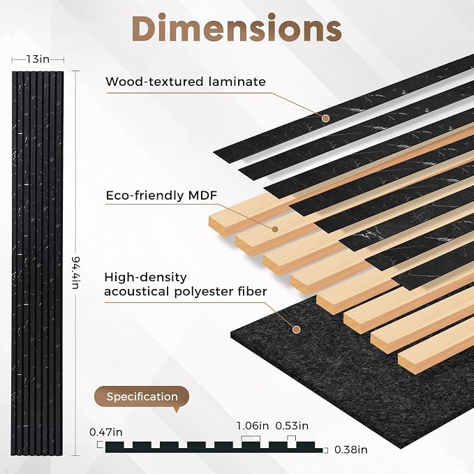 Wood Slatwall Panels, 2 Pack 94.5"x12.6"(16.5ft²) Acoustic Wall Panels | Wood Slat Acoustic Panels for Noise Cancelling and Home Decor, Living Room, Bedroom, Office, Black Marble - Image 3