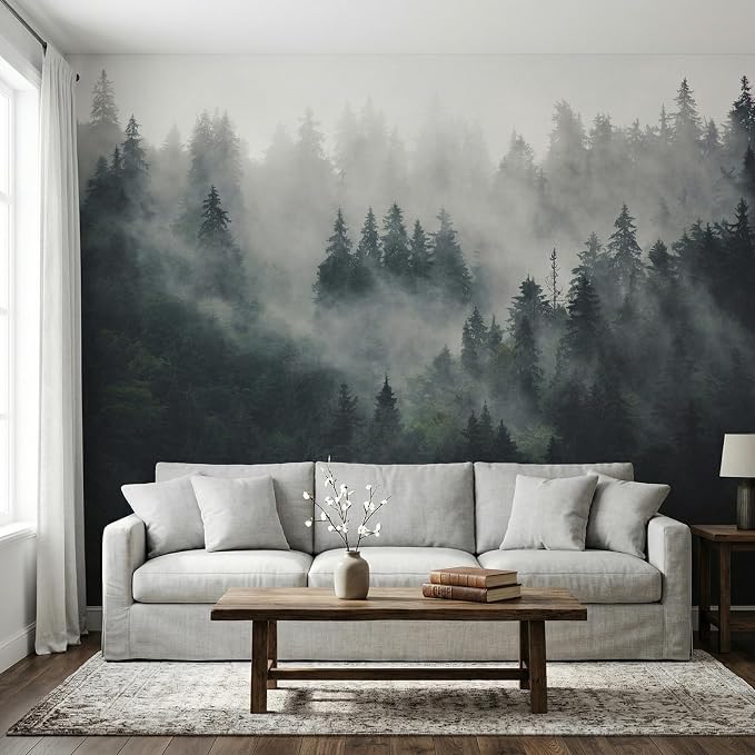 MFWFM Misty Forest Peel and Stick Wallpaper Foggy Forest Scenic Wall Murals | 137"x96", for Bedroom Living Room Bathroom, Self Adhesive Canvas by MFWFM