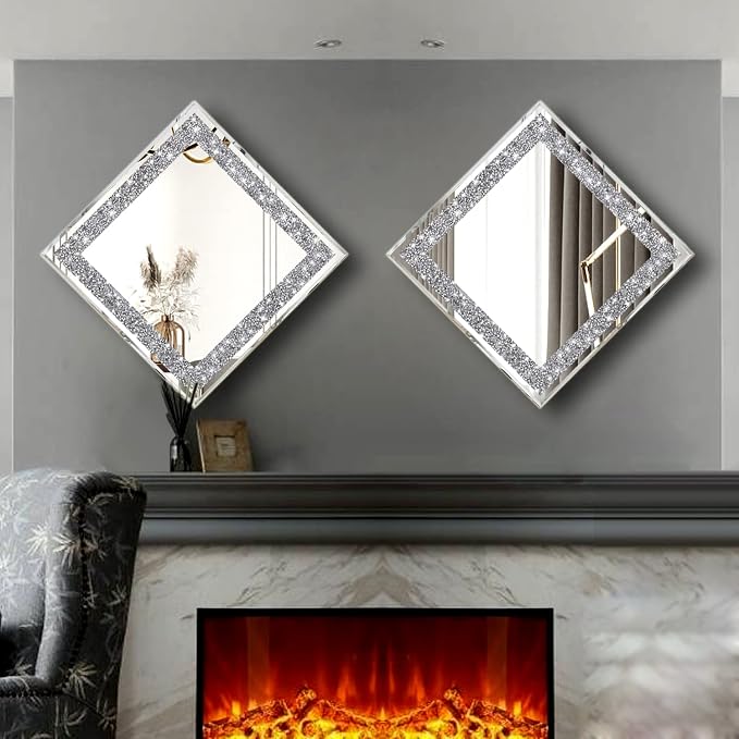 2 Piece Wall Mirrors, Crush Diamond Mirrors Decor, Silver Decorative for Living Room Bedroom, Bathroom. (12”x12”) - Image 4