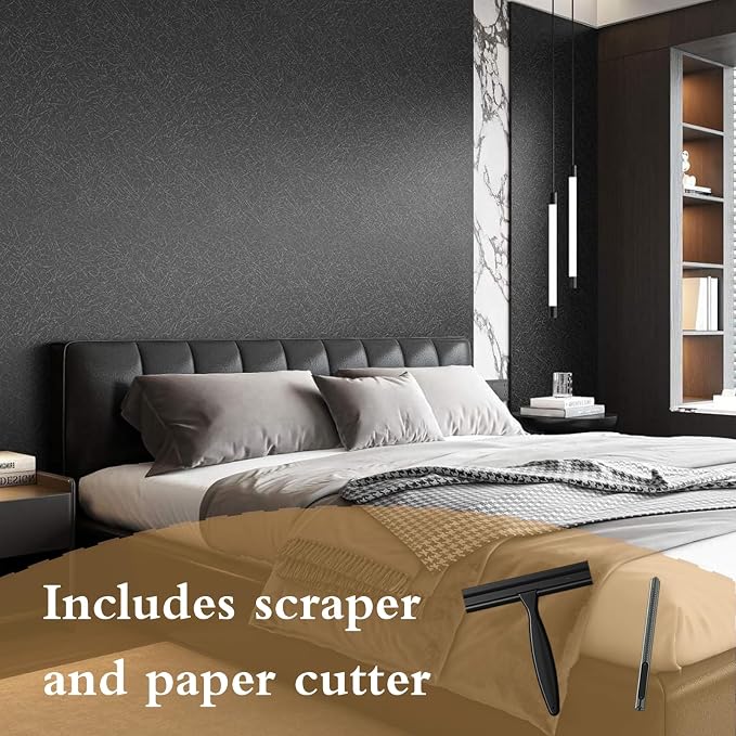 Black Silk Wallpaper Peel and Stick Embossed Self Adhesive Contact Paper | 15.7" x 118" Removable Waterproof Kitchen Vinyl Wrap Cabinet Textured Renter Friendly Wall Cover with Scraper, Paper Cutter - Image 3