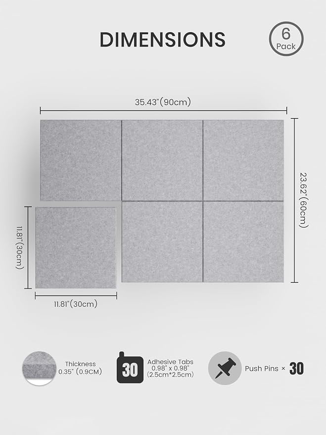 Bumusty 36"x 24" Large Felt Bulletin Board Tiles, Soft Gray | 6-Pack Cork Board Alternative, Wall Decor, 30 Pushpins, 30 Adhesive Tabs, Vision Board, Office, Classroom, Home, Dorm - Image 2