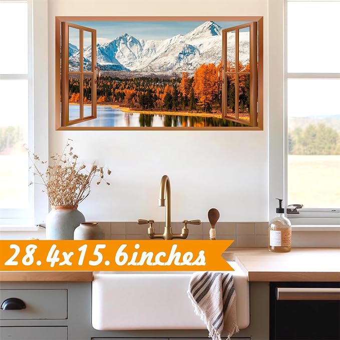 3D Fake Windows Wall Stickers Winter Mountain Lake Wall Stickers Removable Nature Landscape Faux Windows Wall Decals Peel and Stick Forest Wall Art Mural Stickers for Living Room Bedroom Kitchen Decor - Image 7