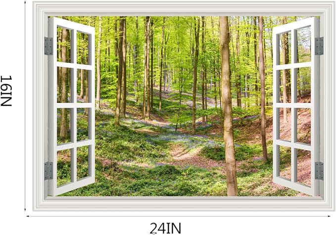 Fake Window Wall Decal- Spring Green Forest Tree Open Wall Art Sticker | Faux Window Grassy Hills & Wildflowers Natural Landscape Mural｜Stick and Peel Wall Decals｜for Room Office Scene Decor｜24"x16" - Image 2