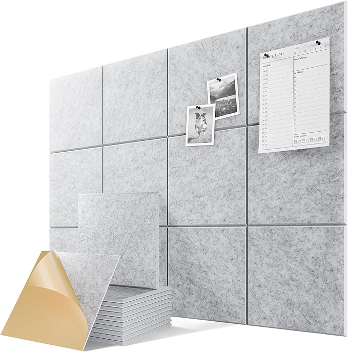 6-Pack Self-Adhesive Acoustic Panels, 12" X 12" X 0.4" High-Density Sound Proof Foam Panels for Walls, 36" x 24" Felt Bulletin Board, Soundproof Wall Panels for Home & Office (Sliver Gray) by Lebenforce