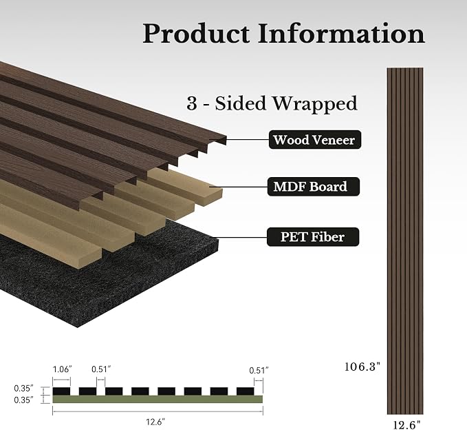 MISSDAY Wood Slat Acoustic Wall Panels, 4 Packs 106.3" x 12.6" Dark Walnut Soundproof Panel For Interior Wall Decor Noise Absorbing-3D Textured Wooden Panel Sound-Absorbing for Home, Office, Studio - Image 6