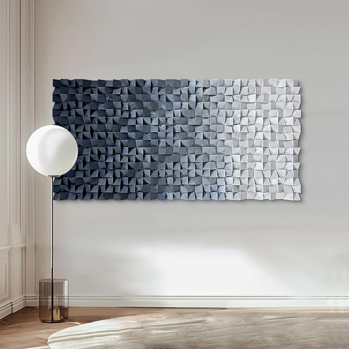 LIUZEYUE Blue and White Textured Wood Wall Art, Monochrome Block Gradient | extra large carved wood wall art; black and white, block shadow depth; stair landing narrow-wall centerpiece; 23.6 x 47.2 in - Image 6