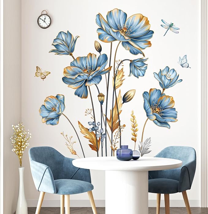 decalmile Blue Flower Butterfly Gold Leaves Plants Wall Decals Stickers(XL) - Image 3
