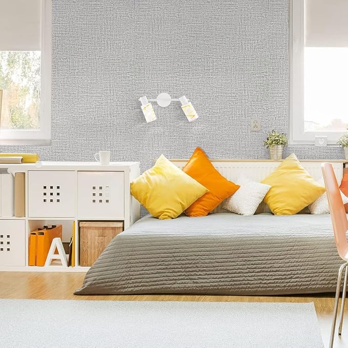 Grey Grasscloth Peel and Stick Wallpaper Fabric Paper 17.7in x 118in | Faux Linen Vintage Wallpaper Textured Removable Wall Paper Grass Cloth Cabinets Bedroom for Cabinet Self Adhesive Vinyl - Image 2