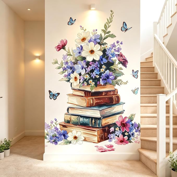 Vintage Stacked Books Floral Flower Butterfly Wall Decals Decor Stickers | Elegant books peel and stick wall decor, wildflowers & butterflies removable vinyl wall art for library bedroom study room - Image 5
