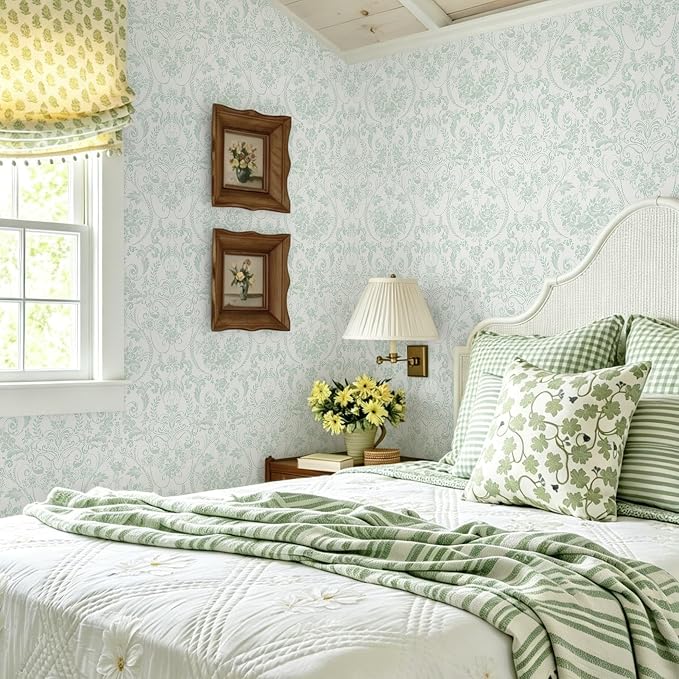 Ismoon Peel and Stick Wallpaper Green Contact Paper 17.3in x 32.8ft Vintage Floral Wallpaper Boho Damask Removable Textured Wall Paper for Bedroom Bathroom Shelf Cabinet Décor - Image 3