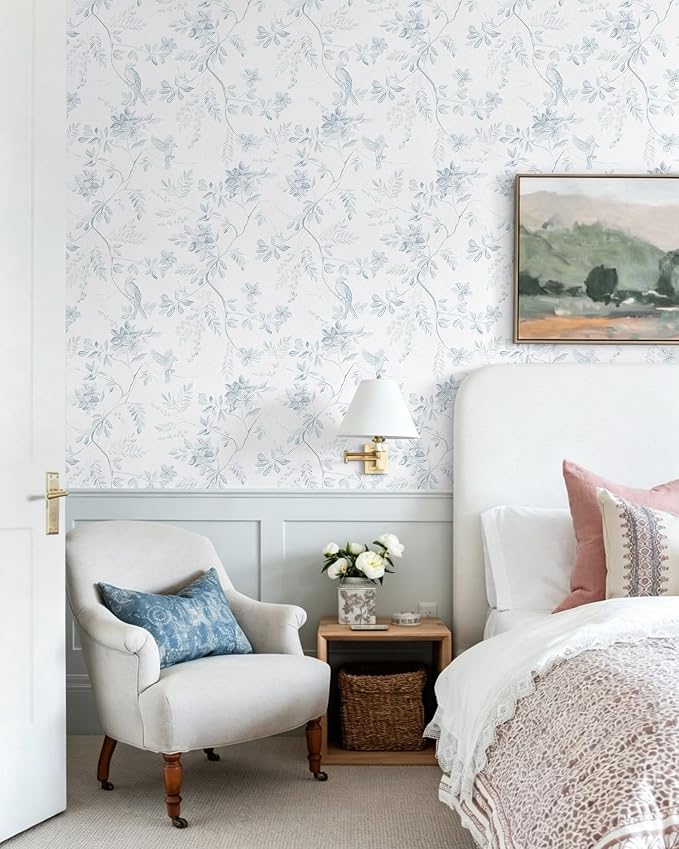 Dimoon 17.3''x78.7'' Boho Peel and Stick Wallpaper Floral Brid Modern Contact Paper Soft Dusty Blue Retro Wallpaper Removable Renter Friendly Waterproof Embossed Kitchen Bedroom Bathroom Decor Vinyl - Image 4