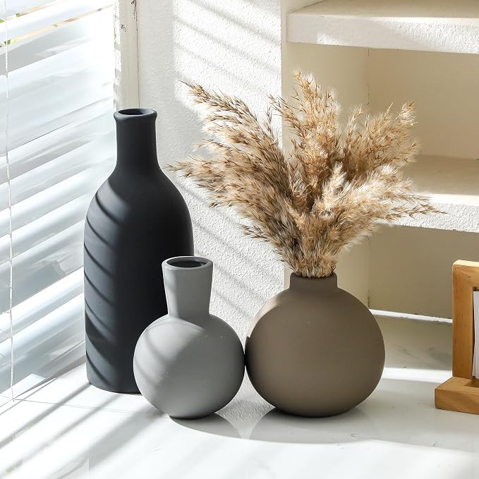 Ceramic Vase Set of 3 | Neutral Vases Home Decor | Modern Flower Pottery Vases Rustic Farmhouse Vase for Table Entryway Mantel Centerpiece Bookshelf Living Room Bathroom Bedroom -Multicolor Large - Image 4