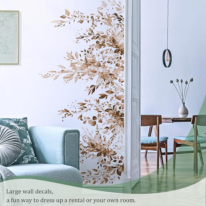 Brown Plants Leaves Wall Decals Peel and Stick, Large Floral Flowers Vinyl Wall Stickers, Removable Vine Home Decor Art for Bedroom Living Room Classroom Office - Image 7