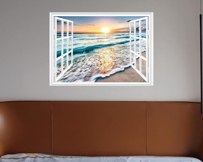 FLFK Fake Window Wall Sticker - Sunset Beach Faux Window Wall Mural for Wall Decor, Stick and Peel Wall Decals,48"x32",Set of 2 Sheets - Image 5