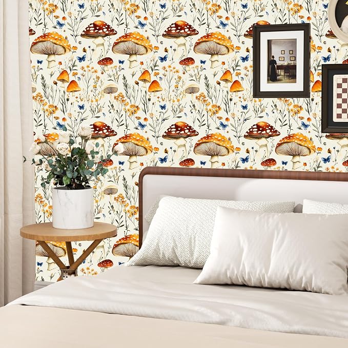 BOKEBEVE Mushoroom Wallpaper Peel n Stick Boho Beige Yellow 17.5 x 393.5In | Extra Long Removable Renter Friendly Vintage Floral Wall Paper for Bedroom Bathroom Cabinet Drawer Feature Accent Wall - Image 5