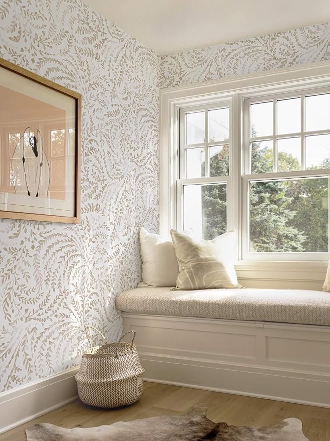 Ismoon Boho Peel and Stick Wallpaper Beige Neutral Farmhouse Contact Paper | 17.3x78.7in Leaf Botanical Stick on Wall Paper Removable Self Adhesive Vinyl Wallpaper for Bedroom Accent Wall Decor Hallway - Image 4