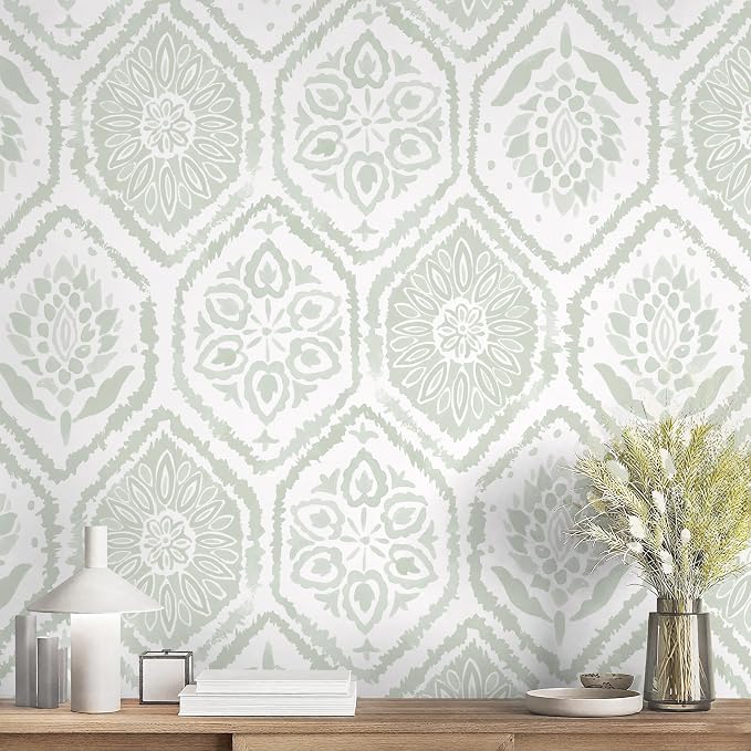 HeloHo 17.3" X 197" Peel and Stick Wallpaper Green Contact Paper Boho Wall Paper Modern Geometric Removable Self Adhesive Wallpapers for Bedroom Bathroom Cabinet Waterproof Decor Vinyl Rolls by HeloHo