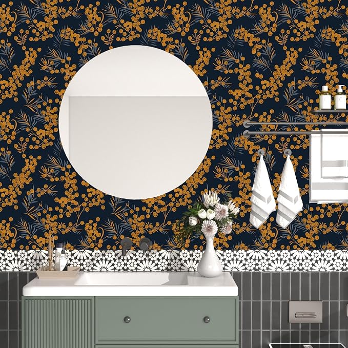 Laatse Dark Gold Floral Leaf Vintage Wallpaper Peel and Stick 17.5" × 393" | Self Adhesive/Removable/Waterproof/Thick Vinyl Contact Paper for Bathroom Bedroom Shelf Cabinet Drawer,Prepasted,Easy Peel - Image 4