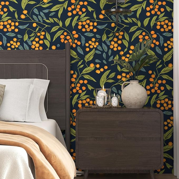 BOKEBEVE Leaf Floral Wallpaper Peel n Stick Boho Blue Orange 17.5 x 118In | Removable Self Adhesive Renter Friendly Vintage Floral Wall Paper for Bedroom Bathroom Living Room Feature Accent Wall - Image 4