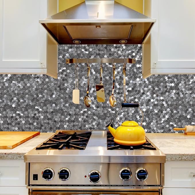 KASARO Peel and Stick Backsplash Tiles, 12" x 12" 3D Gray Hexagon Metal Mosaic Wall Panel, Self-Adhesive Waterproof Kitchen Backsplash for Bathroom, Fireplace, Living Room Decor, 8 Pack - Image 5