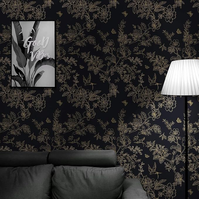 Froluya Black Gold Floral Wallpaper Peel and Stick Wallpaper 17.7in×590.5in | Dark Floral Contact Paper Peel and Stick Vintage Boho Birds Removable Self Adhesive Wallpaper for Bathroom Cabinets Vinyl - Image 7
