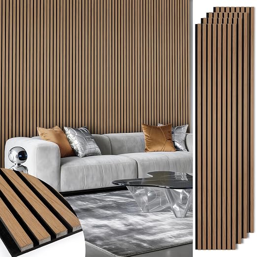 Acoustic Wood Slat Panels 4 Pack 106" x 12.6", Soundproof Wooden Wall Panels, 3D Fluted Panel for Interior Wall Decor, Living Room, Bedroom - Teak (Cover Approx. 37 sq.ft) by LARWORKS