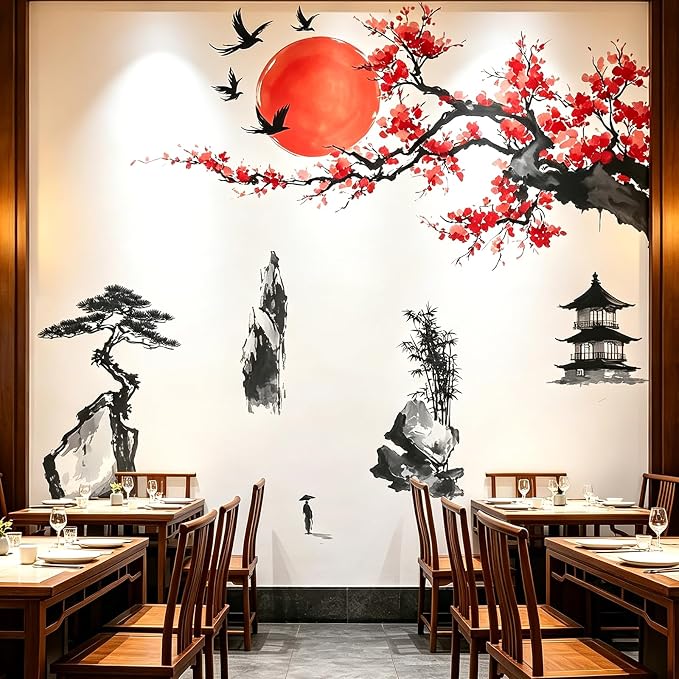 Chinese Landscape Wall Decals Peel and Stick, Large Cherry Blossom Tree Wall Stickers & Murals, Removable Home Decor Art for Bedroom Living Room Classroom Office - Image 4