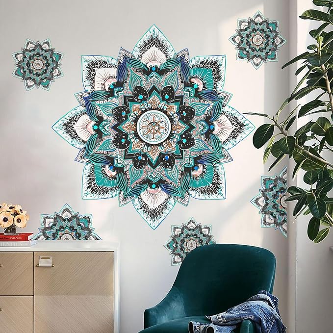 Blue Mandala Wall Stickers Boho Floral Mandala Wall Decals Peel and Stick Mural Decor for Living Room Bedroom Yoga Space Home Decoration (Blue Mandala) by Unknown