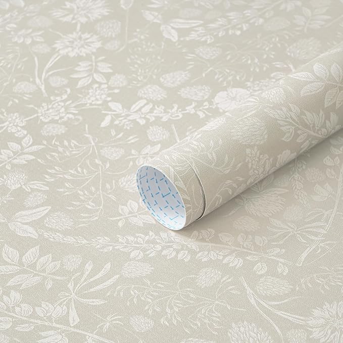 Guvana Beige and Cream White Peel and Stick Wallpaper Floral Wallpaper Slef Adhesive Removable Waterproof Contact Paper Boho Wall Paper for Dining Room Bedroom Living Room Bathroom Kitchen 17.3"×394" by Guvana