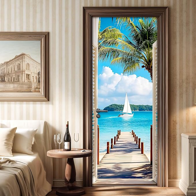 HOMETITUTE Tropical White Shutter Beach Peel Stick Door 30.3x78.7 Vinyl | Wall Cover Poster Decals Removable Wallpaper Self Adhesive Bedroom Livingroom Office - White Shutter - Image 6