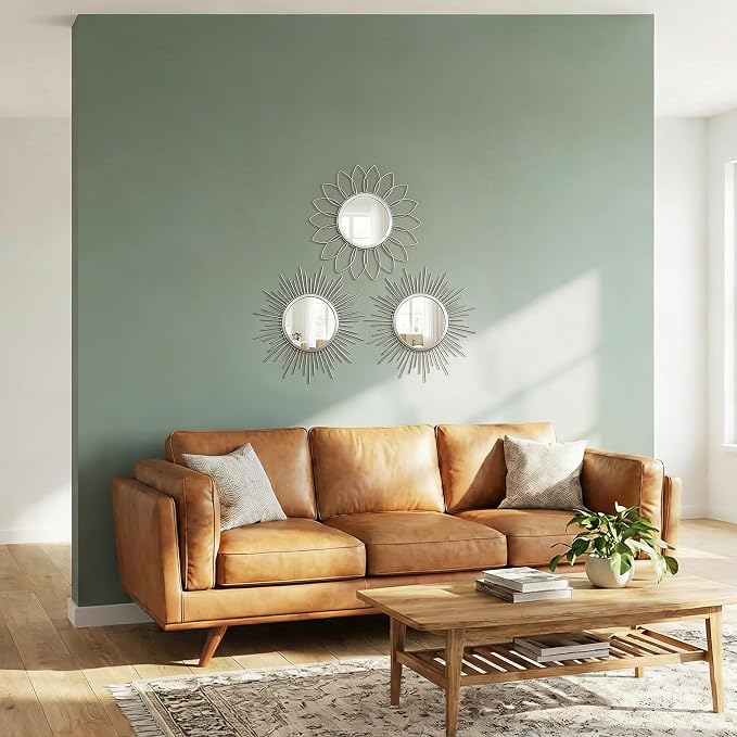 Boho Sunburst Wall Mirror Set of 3, 12 Inch Round Antique & Modern Metal Wall Art, Hanging Over The Door Mirrors for Wall Decor in Living Room, Bedroom, Bathroom, Entryway（Sliver） - Image 7