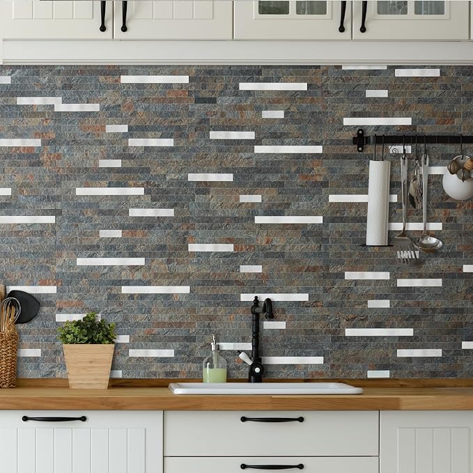 AULIGET 2 Sheets Rust Slate Peel and Stick Backsplash, PVC Mixed Metal Silver Wall Tile Stick on Backsplash for Kitchen and Bathroom - Image 2