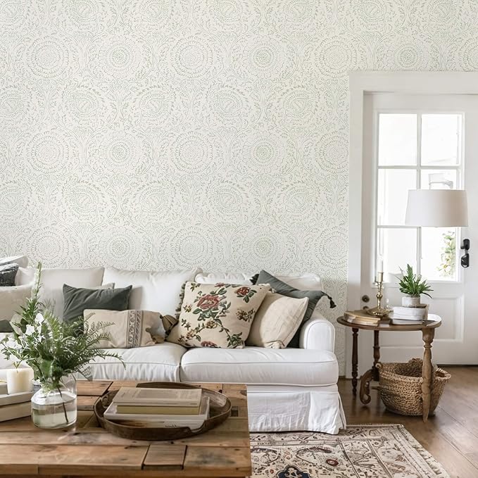 Ismoon Green Peel and Stick Wallpaper Boho Floral Contact Paper 17.3x78.7in | Beige Renter Friendly Wall Paper Textured Self Adhesive Removable Wallpaper for Bedroom Kitchen Thicken Vinyl Waterproof - Image 6