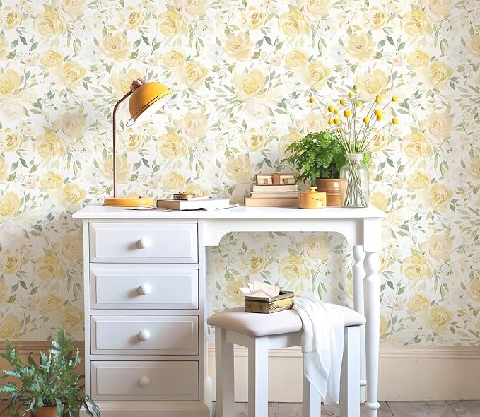 Ismoon Yellow Floral Peel Stick Wallpaper Boho Stick on Wallpaper | Watercolor Contact Paper for Cabinet Removable Self Adhesive Vinyl Wallpaper for Girl Bedroom Accent Wall Decor 17.3x196in - Image 7
