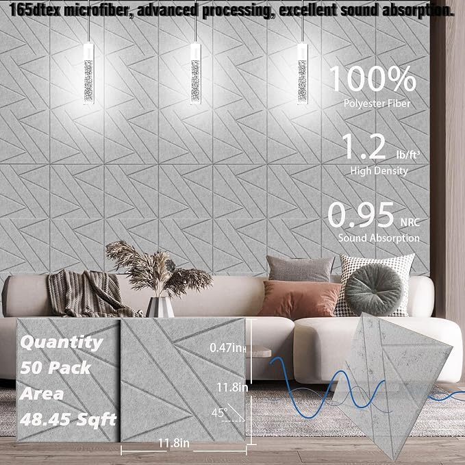 50 Pack Bulk Self-Adhesive Soundproof Wall Panels, 12 x 12 x 0.47 in Sound Proof Foam Panels for Walls, 1.2lb/ft³ High Density, Thicker 0.47in, Acoustic Panels, Duty for Large Walls Gray - Image 6