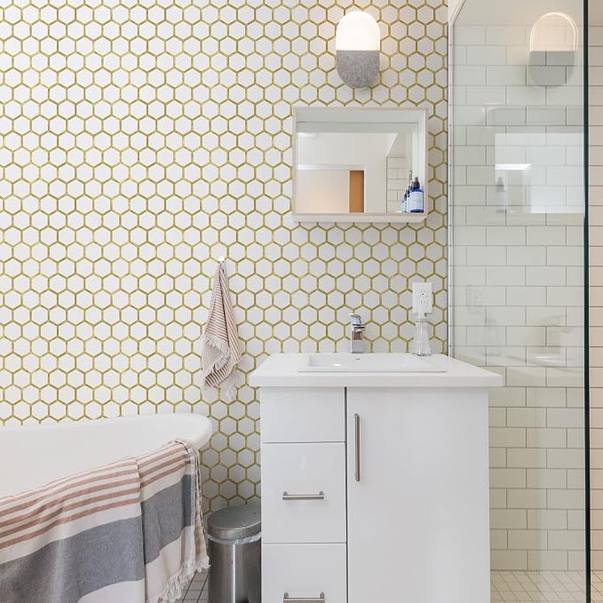 STICKGOO Hexagon Peel and Stick Backsplash Tile, Stick on Backsplash for Kitchen and Bathroom, Pure White PVC Mixed Metal Gold Self Adhesive Wall Tiles(10 Sheets, Seamless) - Image 5
