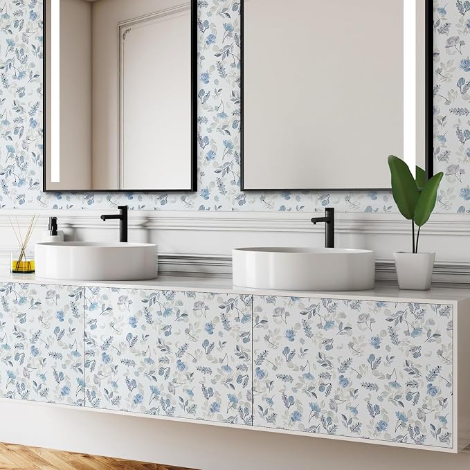 Soft Blue Watercolor Floral Peel and Stick Wallpaper, 17.3" x 472" Removable & Waterproof Vinyl Wallpaper, Soft Pastel Flower Self-Adhesive Contact Paper for Nursery Bedroom Cabinets - Image 8