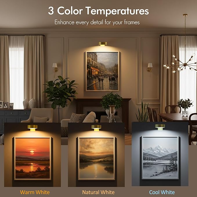 Picture Lights for Wall, Rechargeable Battery Wireless Poster Lights, Gold | LED Magnetic Painting Light with Remote Dimmable, Timer＆3 Lighting Modes, Wall Decor Puck Light for Frame Art Display, 3 Pack - Image 2