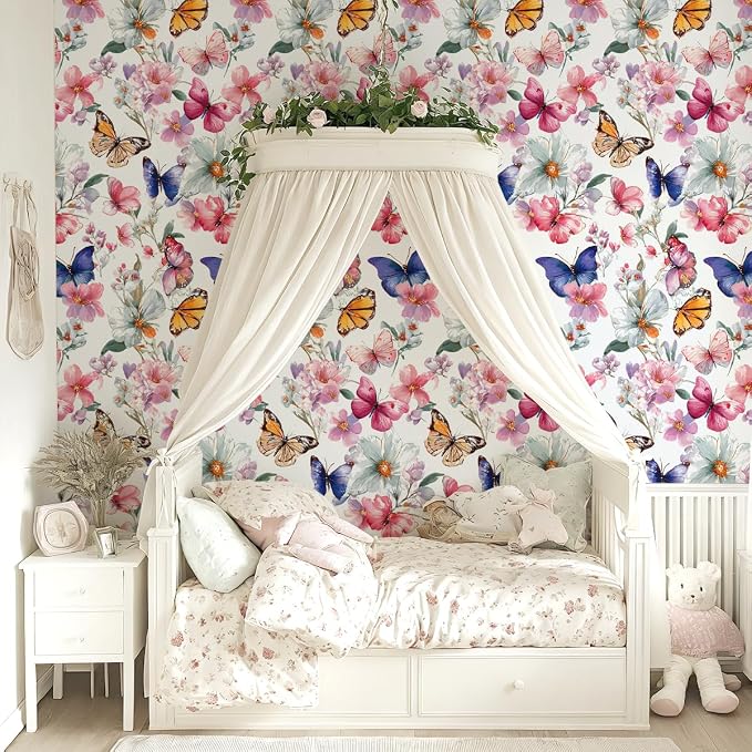 Floral Peel and Stick Wallpaper Butterfly Contact Paper 16.9in×118.1in Watercolor Floral Wallpaper Self Adhesive Removable Modern Flower Contact Paper Waterproof for Bathroom Cabinets Decor - Image 3