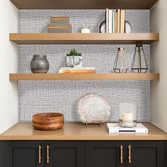 Grey Grasscloth Peel and Stick Wallpaper Fabric Paper 17.7in x 118in | Faux Linen Vintage Wallpaper Textured Removable Wall Paper Grass Cloth Cabinets Bedroom for Cabinet Self Adhesive Vinyl - Image 4