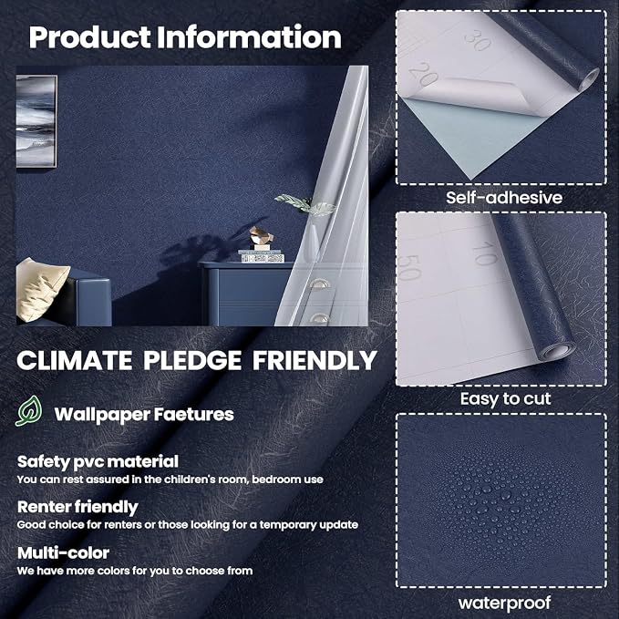 Dark Blue Peel and Stick Wallpaper Removable Self Adhesive Contact Paper | 15.7" x 787.4" Waterproof Silk Boys Wall Covering Poster Board Kitchen Countertop Vinyl Wrap for Bathroom Cabinet - Image 3