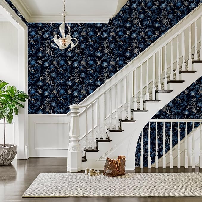 Navy Blue Floral Peel and Stick Wallpaper Dark Botanical Wallpaper | Removable Contact Paper Teal Blue Self-Adhesive Wall Paper for Bedroom Bathroom Kitchen Accent Wall Waterproof 17.7" x 118" - Image 2