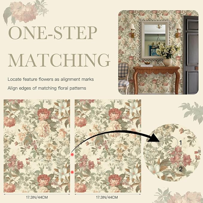 Floral Wallpaper Vintage Peel and Stick Wallpaper for Bathroom 78.7"×17.3" Cream Floral Wall Paper Peony French Country Contact Paper for Nursery Kitchen Self-Adhesive Vinyl Waterproof - Image 4